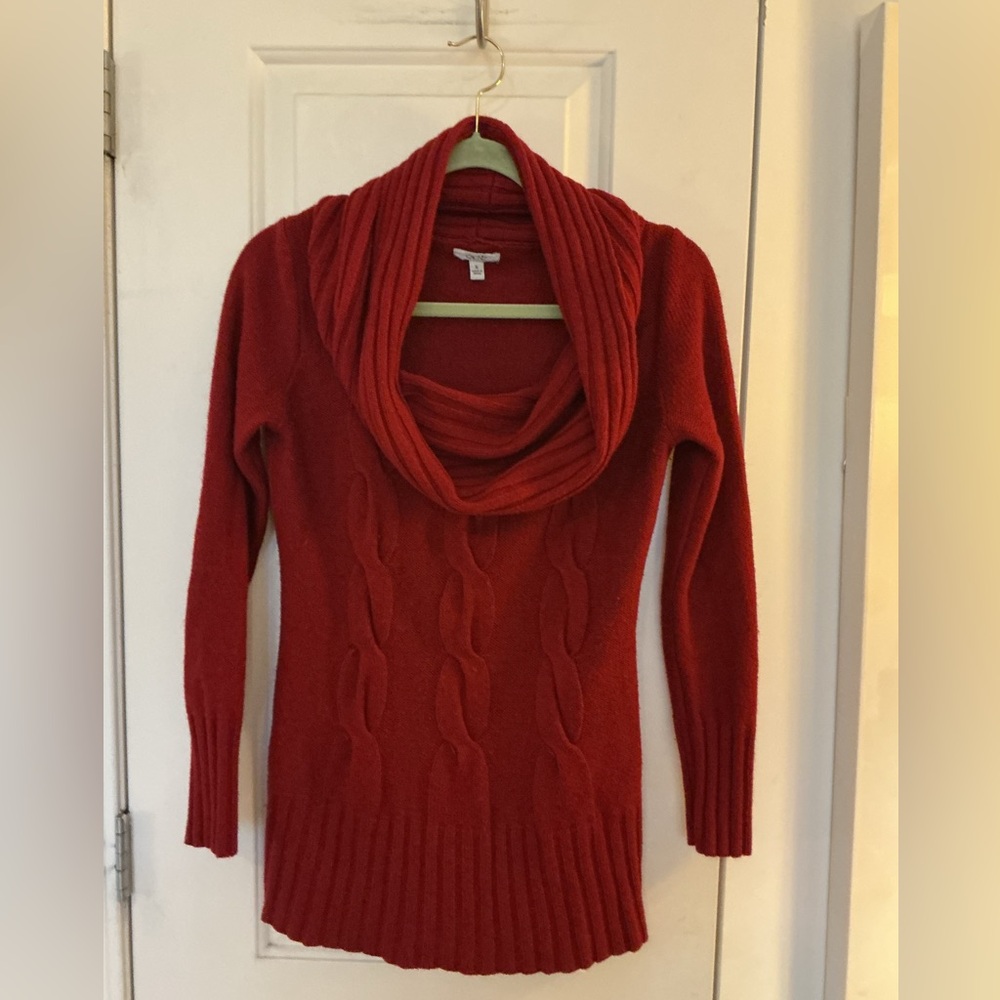 CACHE Vintage Deep Red Cable Knit Red Cowl Neck Preppy Sweater Size S